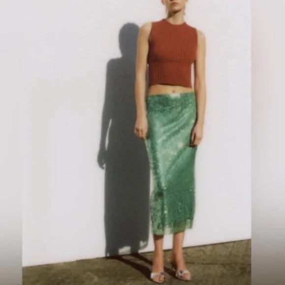 ZARA Sea Green Sequin Lace Pencil Skirt - Picture 5 of 16